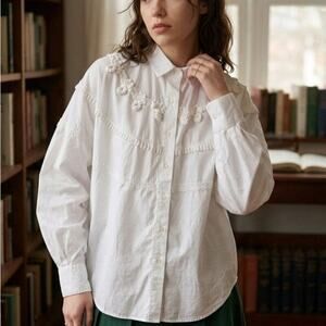 Vintage 80's 90's Peddlers Poet White Shirt Button Front Crochet Lace Detail M